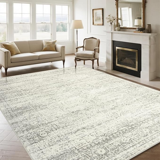 Srugn Washable Rugs 9x12 Area Rugs for Living Room,Bedroom,Dining Room- Large Ultra Soft Faux Wool Retro Carpets,Non Slip&Non-Shedding Low Pile Vintage Print Rug for Home Office Decor- Beige