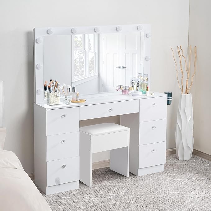 Naomi Home 46" Makeup Vanity Desk with Mirror & Lights – Dressing Table with 11 LED Bulbs, Adjustable Brightness & 3 Modes – Vanity Set with Chair, 7 Storage Drawers & Charging Station (White)