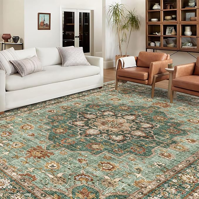 TOPRUUG Washable Oriental Area Rug - 9x12 Rugs for Living Room Soft Carpet for Bedroom Waterproof Floral Distressed Indoor Stain Resistant Non-Shedding Floor Carpets (Green, 9x12)