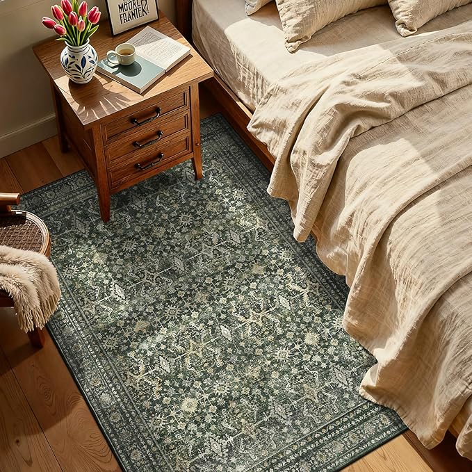 Lofus 2x5 Area Rug for Hallways,Green Washable Runner Rugs with Non Slip Rubber Backing, Low Pile Soft Carpet Runner for Kitchen Bathroom Bedroom Laundry