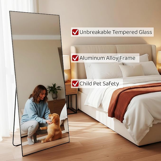 Full Length Mirror 71"x30"Rectangle with Stand Aluminum Alloy Frame Wall Mountable Tempered Glass Full Body Mirror, Standing Hanging or Leaning Against Wall for Bedroom and Living Room Black