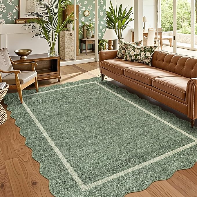 GarveeHome Scalloped Washable Area Rug 6x9 Rug for Living Room Modern Rug Non Slip Throw Rugs Large Rugs for Bedroom Low Pile Non Shedding Stain Resistant Carpet for Dining Room 6'x9' Greyish Green