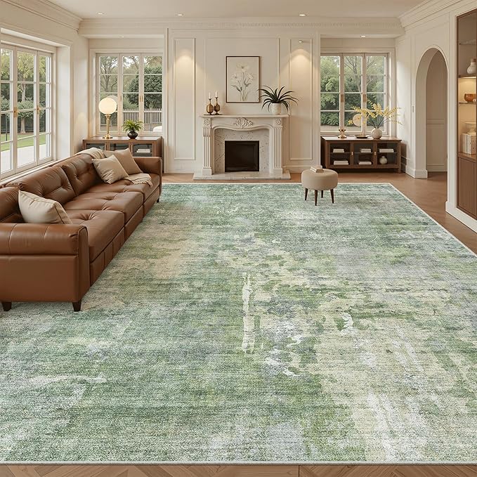 Soalmost 10x14 Area Rugs for Living Room, Non Slip Machine Washable Vintage Rugs, Low Pile Lightweight Large Rug for Bedroom, Dining Room, Home Office Green/Ivory