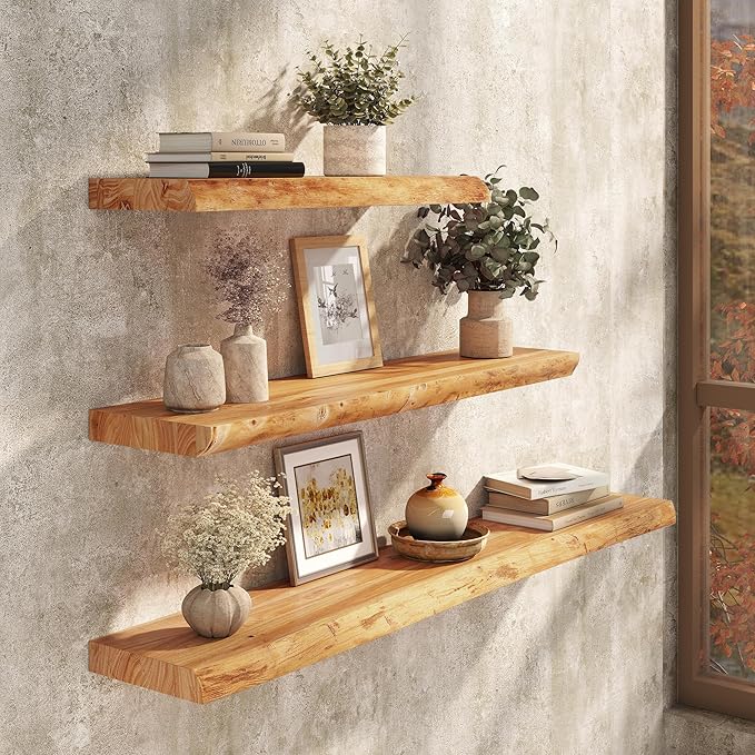 48" Rustic Elm Floating Shelves - Solid Wood Live Edge with Invisible Brackets, Wall Mounted Shelf for Living Room, Kitchen & Bathroom Decor, Natural