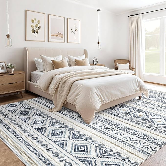 cotiled 7x10 Area Rug Living Room: Washable Boho Rugs with Non Slip Backing Large Soft Indoor Stain Resistant Carpet for Bedroom Farmhouse Dining Room Lightweight Home Decor Blue