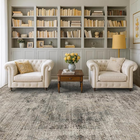 Hazo Haus 5x8 Dark Rug for Living Room, Vintage Unique Area Rug for Mudroom, Home Office, Dining Room, Washable Non Slip Brown Taupe Décor