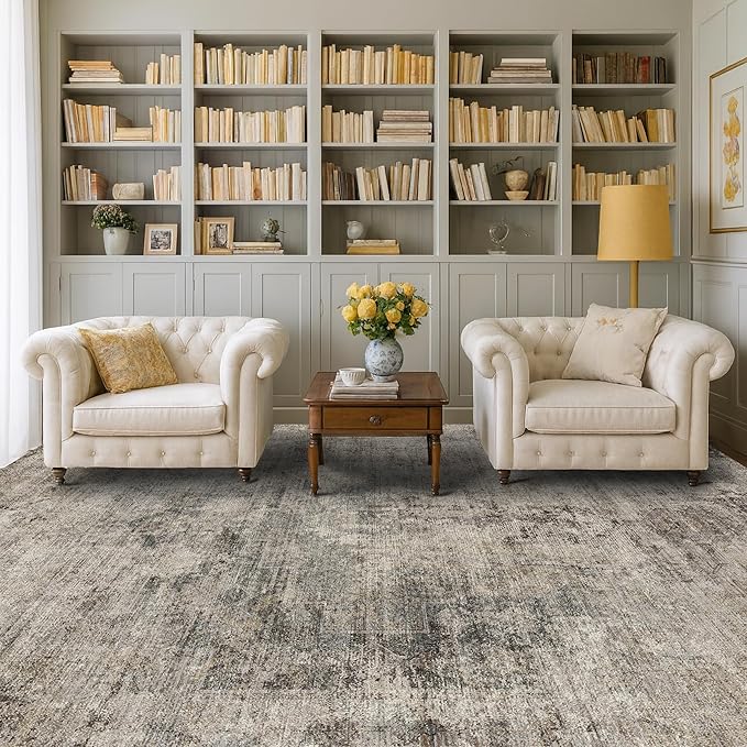Hazo Haus Taupe Brown Big Rugs for Living Room 9x12 - Modern Farmhouse Rustic Large Rug for Dining Room, Bedroom, Washable Foldable Dark Academy Décor