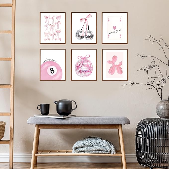 Coquette Room Decor, Preppy Aesthetic Posters for Room, Pink Disco 8 Ball Wall Art Prints, Trendy Cute Teen Girls College Dorm Bedroom TikTok Lucky Cherry Wall Posters, 8 x 10 Unframed, Set of 6