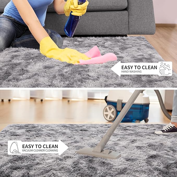Tepook Fluffy Large Rugs for Living Room, 8x10 Area Rugs for Bedroom, Modern Shag Fuzzy Carpets for Kids Boys Girls, Plush Indoor Nursery Home Decor Rug with Non-Slip Bottom, Tie-dye Light Grey