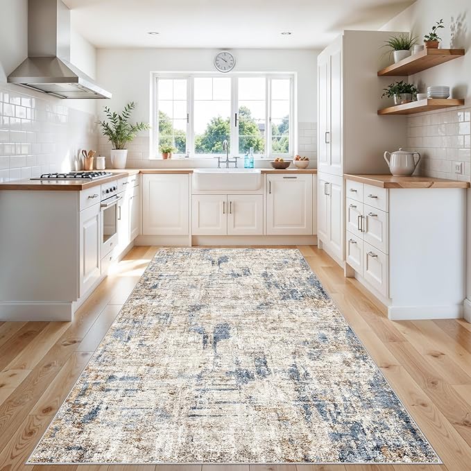 4x10 ft Extra Wide Hallway Rug – Non-Slip Washable Rubber-Backed Large Carpet Runner for Kitchen, Entryway | Modern Abstract, Low-Pile Thin Floor Mat for Bedroom Living Room Dining Room(Blue Brown)