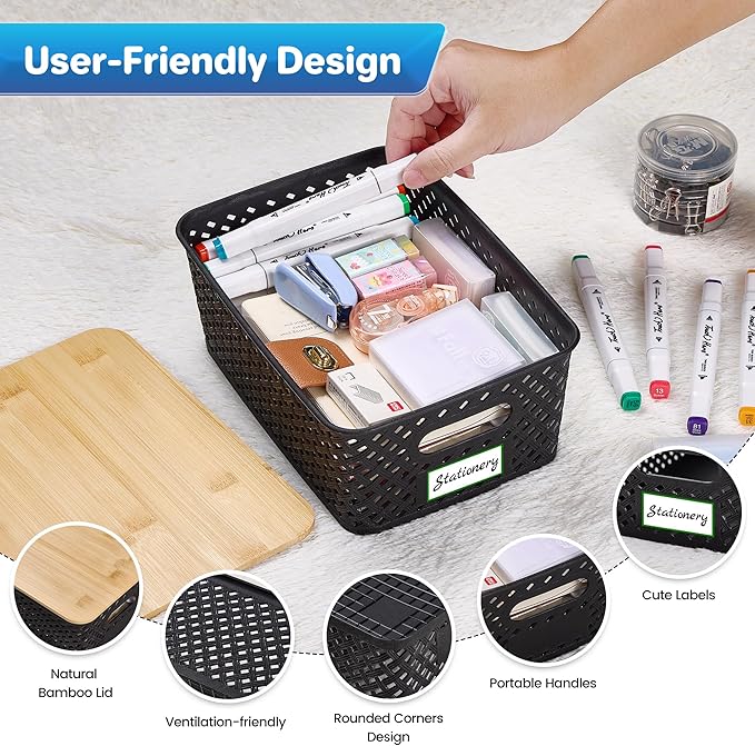 Anysig 8 Packs Plastic Storage Bins with Bamboo Lids - Stackable Storage Bins Decorative Small Basket Containers for Organizing Shelves Office Classroom Desktop Closet, Black