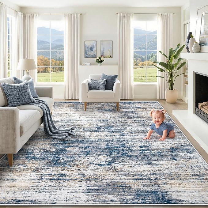 XLUEZ 8x10 Area Rugs for Living Room, Washable Modern Abstract Large Area Rug Neutral Soft Non Slip Kids Rug Stain Resistant Indoor Carpet for Bedroom Nursery Dining Children's Room(BlueWhite, 8'x10')