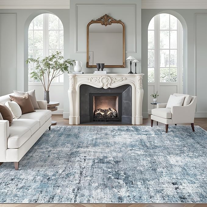 Soalmost Abstract Rug 8x10 Large Living Room Rugs Neutral Modern Washable Area Rugs for Bedroom Dining Room Non-Slip Stain Resistant Foldable Thin Blue
