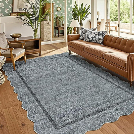 GarveeHome Scalloped Area Rug 4x6 Washable Rug Modern Floor Cover Soft Low Pile Entryway Rug Indoor Distressed Foldable Non Slip Stain Resistant Carpet for Bedroom Living Room Bathroom, 4 ft x6 ft