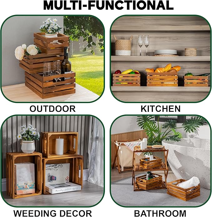 VICTORY RELAX Nesting Wood Storage Crates (Set of 3) - Natural Acacia Wood Stackable Wooden Boxes for Storage & Organization - Decorative Wooden Basket Set for Fruits, Shelving & Home Decor