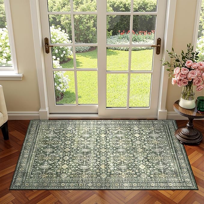 Lofus 2x4 Area Rug for Entryway Bathroom, Green Non Slip Washable Kitchen Mats for Floor, Soft Door Mat Indoor Entrance, Small Area Rugs, Farmhouse Carpet for Entry Living Room Bedroom