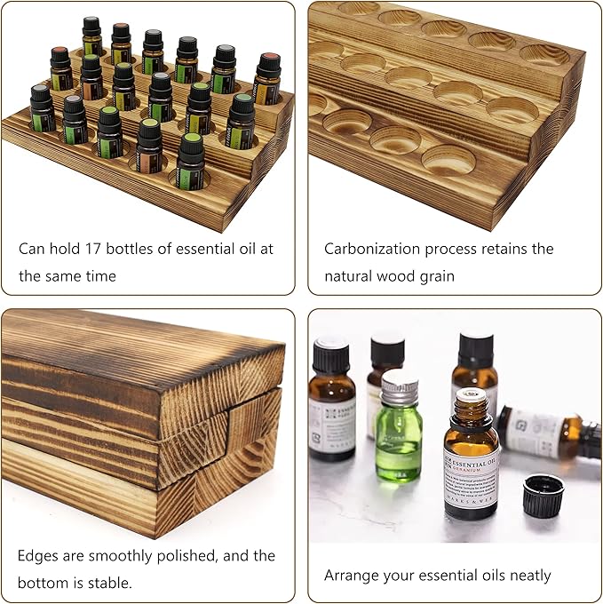 Wooden Essential Oil Storage Organizer, 3-Tier Display Stand, Firewood Color, 17 Bottle Holder for 5-20ml Oils, Set of 2