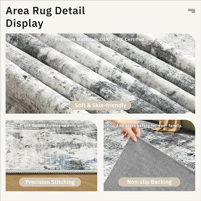 Soalmost Abstract Rug 5x7 Machine Washable Area Indoor Grey Low Pile Non-Slip Foldable Thin Accent Rugs for Bedroom Living Room Dining Room
