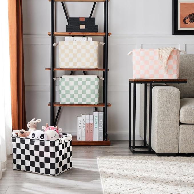 Ohocut Pink White Checkered Canvas Basket, Rectangular Organizing Decorative Storage Basket for Kids Girls Dog Cat Toy, Cute Aesthetic Checkered Room Decor for Home, Bedroom, Classroom, Shelves