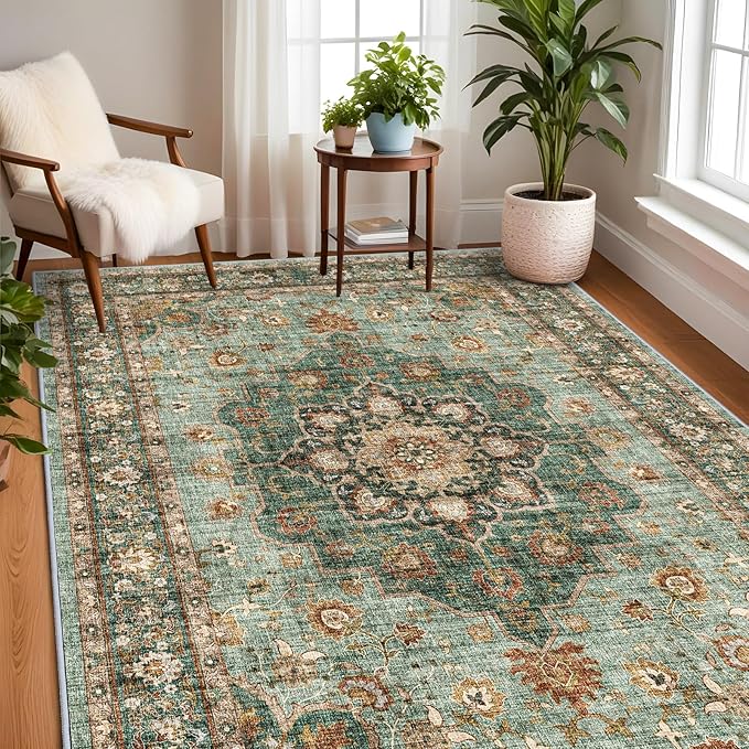 TOPRUUG Washable Oriental Area Rug - 7x9 Rugs for Living Room Soft Carpet for Bedroom Waterproof Floral Distressed Indoor Stain Resistant Non-Shedding Floor Carpets (Green, 7x9)