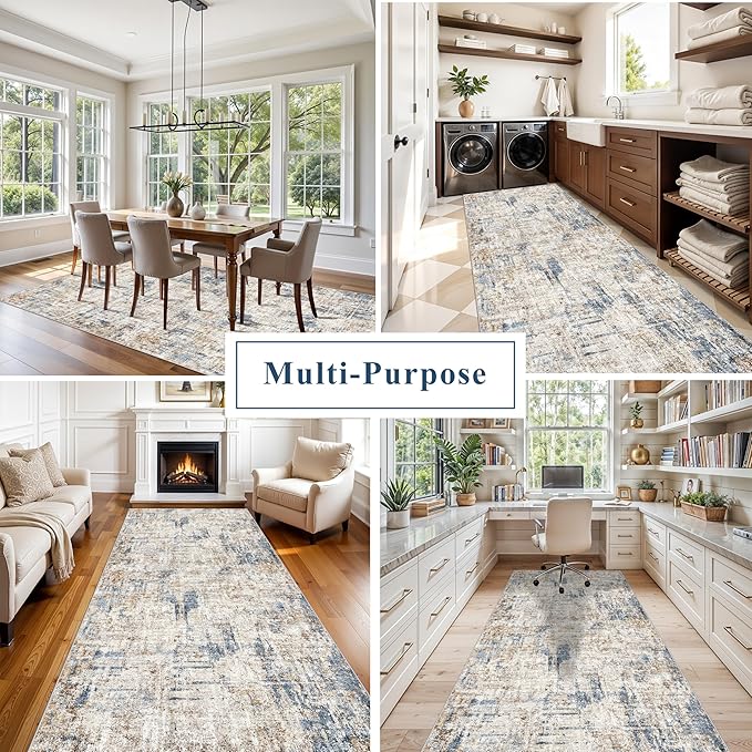 4x10 ft Extra Wide Hallway Rug – Non-Slip Washable Rubber-Backed Large Carpet Runner for Kitchen, Entryway | Modern Abstract, Low-Pile Thin Floor Mat for Bedroom Living Room Dining Room(Blue Brown)