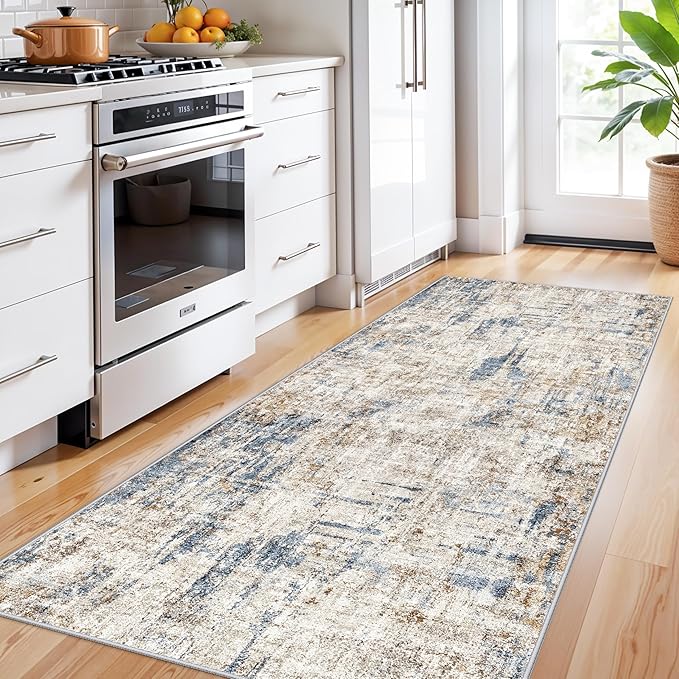 3x7 Washable Non-Slip Kitchen Runner Rug – Modern Abstract Neutral Beige & Gray Carpet for Hallway, Entryway, Bedroom, Laundry Room – Low-Pile Thin Wide Floor Runner with Rubber Backing（Blue Brown）