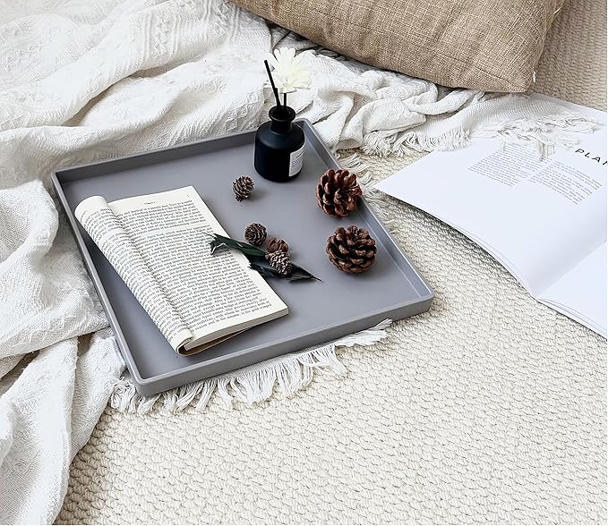 Versatile 11 Inch Gray Square Tray, Organization | Multi-Purpose Tray for Ottoman, Coffee Table, Dresser, Bathroom Countertop & Kitchen | Organizer for Makeup, Jewelry, Remote & Snacks