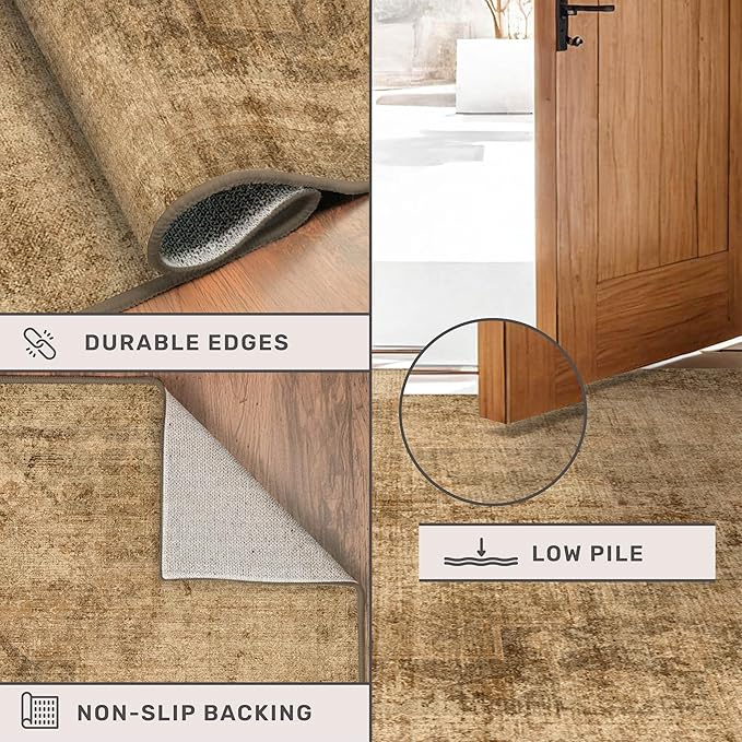 Large Entryway Rug Washable - 5x8 Brown and Mustard Yellow Rug for Mudroom, Foyer, Hall, Living Room, Washable Low Pile Stain Resistent