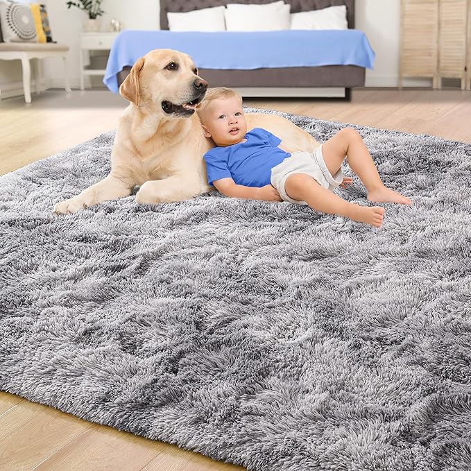 Tepook Fluffy Large Rugs for Living Room, 8x10 Area Rugs for Bedroom, Modern Shag Fuzzy Carpets for Kids Boys Girls, Plush Indoor Nursery Home Decor Rug with Non-Slip Bottom, Tie-dye Light Grey