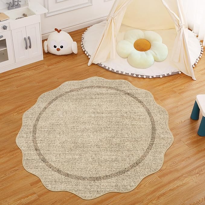 GarveeHome Scalloped Round Washable Rug, Soft Modern Round Rugs 5ft Circle Carpets for Bedroom Ultra-Thin, Boho Jute Print Distressed Circular Carpet for Living Room Dorm Bedside, Jute