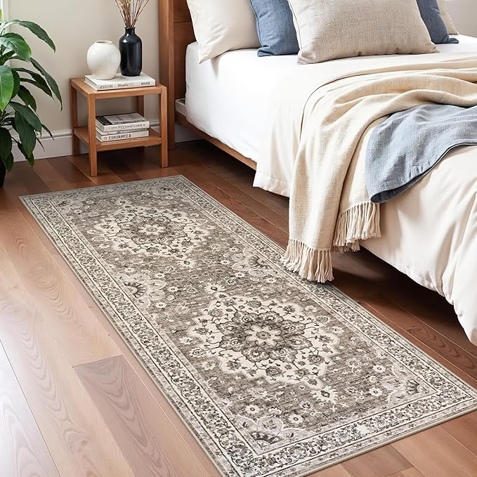 TOPRUUG Washable Entryway 2x5 Rug - Small Throw Runners for Kitchen Bathroom Bedroom Non-Slip Ultra-Thin Indoor Door Mat Indoor Entrance - Stain Resistant Vintage Home Decor (Beige, 2X5)