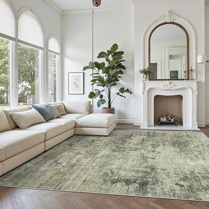 Soalmost Abstract Rug 8x10 Large Living Room Neutral Modern Washable Area Rugs for Bedroom Dining Room Non-Slip Stain Resistant Foldable Thin Green Black