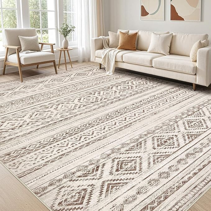 cotiled 10x14 Area Rug Living Room: Washable Boho Rugs with Non Slip Backing Large Soft Indoor Stain Resistant Carpet for Bedroom Farmhouse Dining Room Lightweight Home Decor Dark Brown