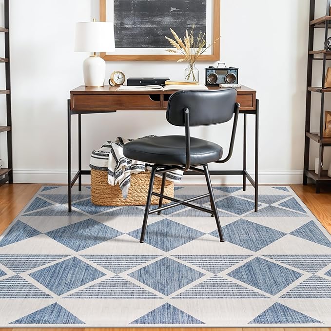 4x5 Washable Entryway Office Rug: Mid Century Modern Area Rugs Geometric Non Slip Soft Low Pile Indoor Carpet for Living Room Bedroom Kitchen Bathroom Entrance (Blue White, 4X5)