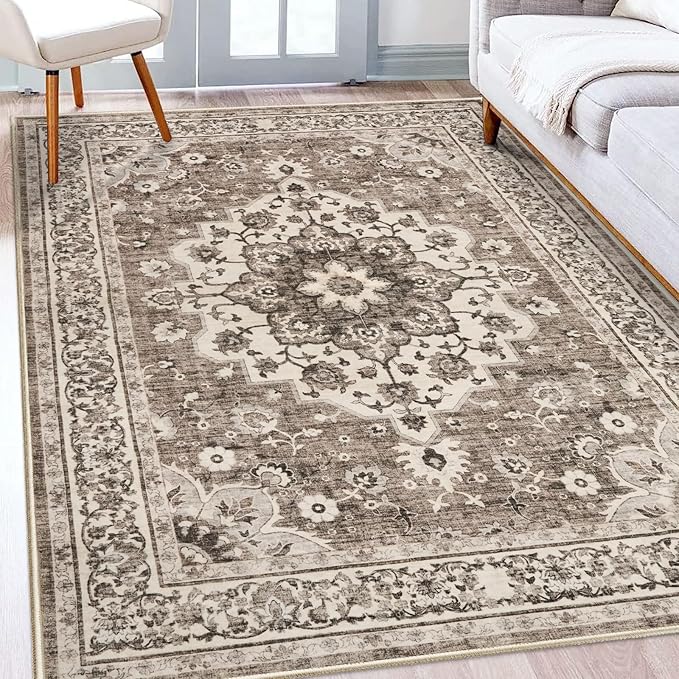TOPRUUG Washable Oriental Area Rug - 5x7 Rugs for Living Room Soft Carpet for Bedroom Waterproof Floral Distressed Indoor Stain Resistant Non-Shedding Floor Carpets (Beige, 5x7)