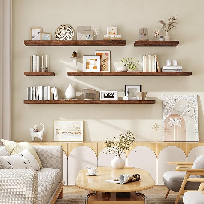 Fun Memories 55 Inch Floating Shelves for Wall, Fireplace Mantel Shelf with Invisible Heavy Duty Bracket, 8 Inch Deep Storage Shelf for Living Room, Kitchen, Farmhouse, Brown