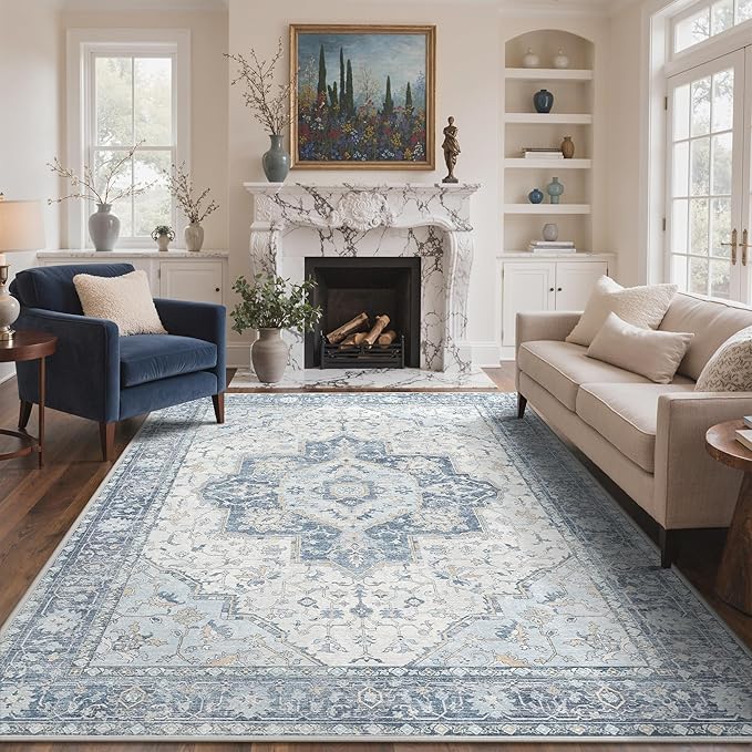 GENIMO 3x5 Area Rugs for Living Room, Machine Washable Non Slip Vintage Rugs, Low Pile Lightweight Chenille Print Rug for Bedroom, Dining Room, Home Office, Light Blue