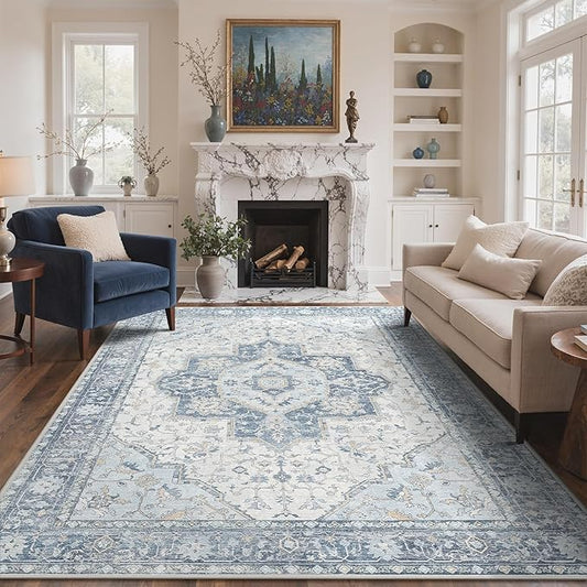 GENIMO 3x5 Area Rugs for Living Room, Machine Washable Non Slip Vintage Rugs, Low Pile Lightweight Chenille Print Rug for Bedroom, Dining Room, Home Office, Light Blue