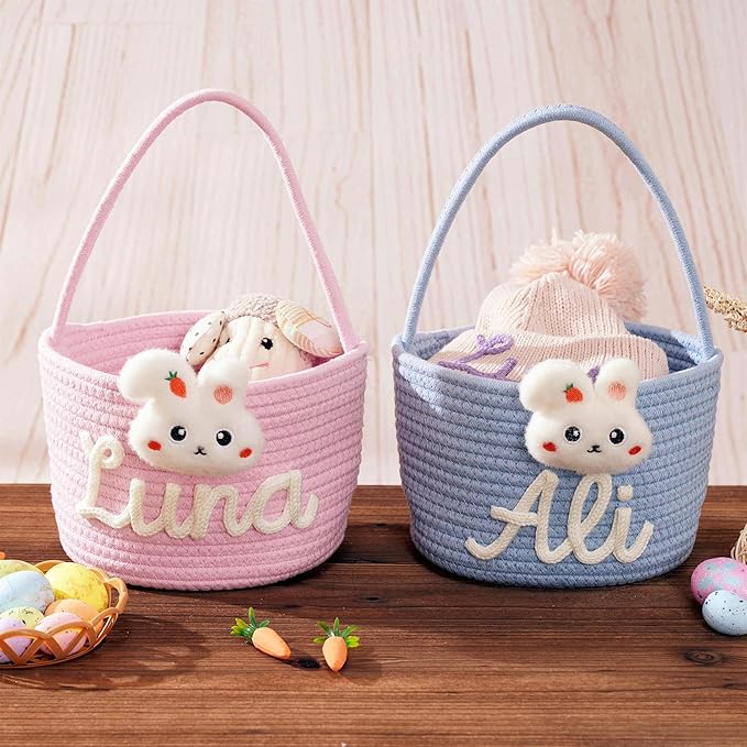 JUPPE Custom Easter Basket, Personzlized Bunny Basket with Kids Name, Cotton Rope Storage Organizer Nursery Decor Easter Eggs Gift (Bunny Basket)