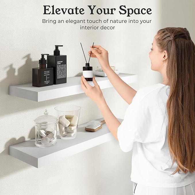Floating Shelves for Wall, 9.3" Deep Wall Mounted Wood Shelves for Bathroom, Bedroom (White, 55)