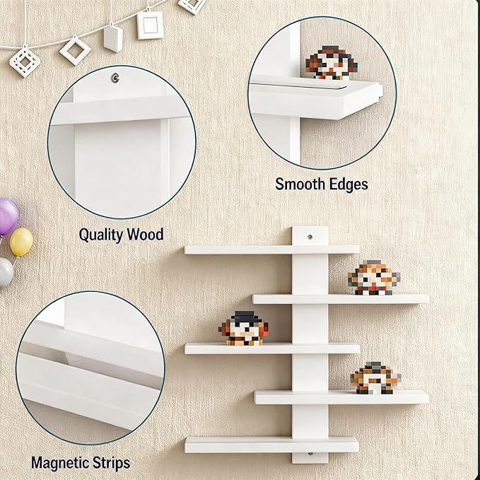 No Drill Floating Shelf for Wall, 5-Tier Wall Mounted Organizer, Damage-Free Display Shelf for Collectibles, Figures, Bathroom Kitchen Storage, White