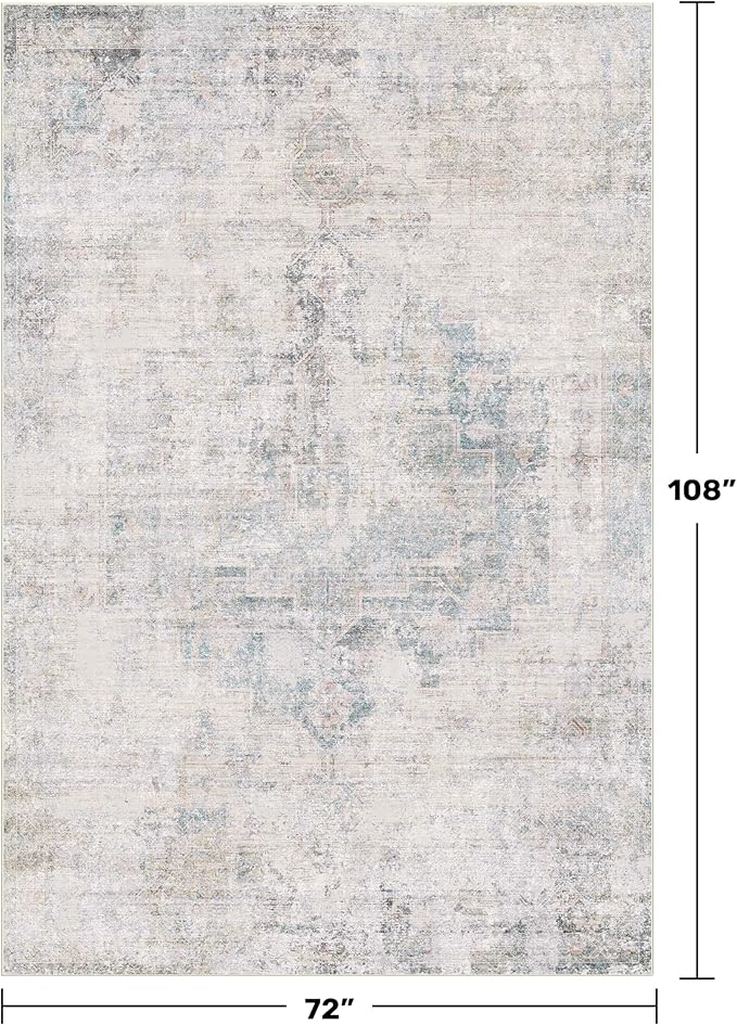 Hazo Haus Washable 6x9 Bedroom Rug - Blue Grey Modern Rug for Living Room, Dining Room Table, Non Slip Soft Faded Print Mat