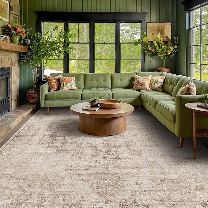 Hazo Haus Neutral Living Room Rug - 10x14 Farmhouse Beige Brown Large Area Rug for Dining Room, Bedroom, Low Pile Lightweight Washable