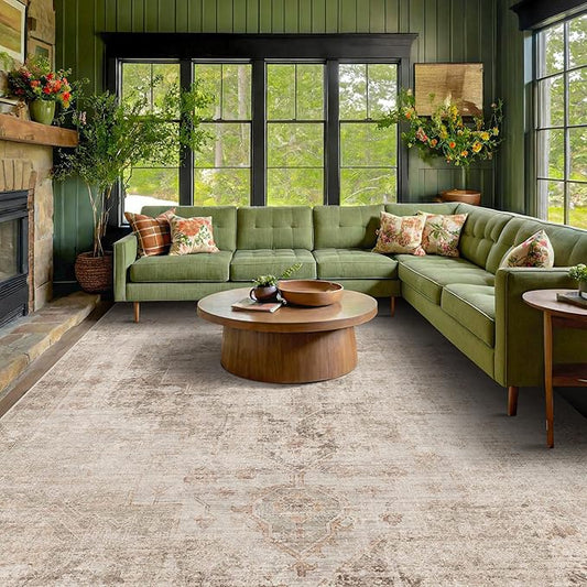 Hazo Haus Neutral Living Room Rug - 10x14 Farmhouse Beige Brown Large Area Rug for Dining Room, Bedroom, Low Pile Lightweight Washable