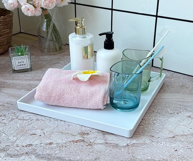 Square Tray for Organization, 11 Inch Plastic Serving Tray, Multi-Purpose Decorative Tray for Bathroom Countertop, Dresser, Ottoman & Coffee Table, Vanity Tray for Jewelry & Makeup, White