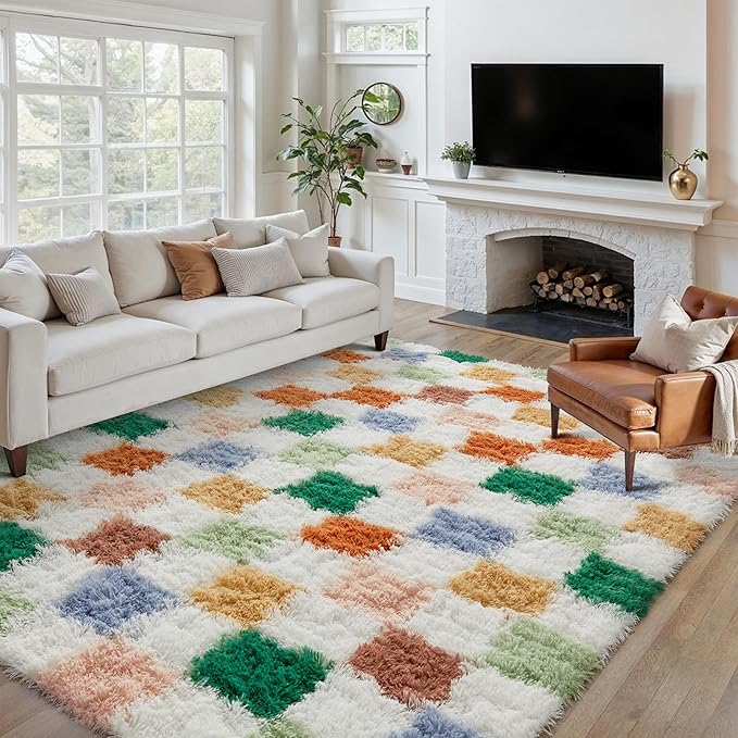 PureCozy Checkered Rug 5x8 for Living Room, Modern Neutral Shag Rug Super Soft Washable Indoor Fuzzy Carpet Non-Slip Fluffy Rugs for Bedroom Home Aesthetic Decor