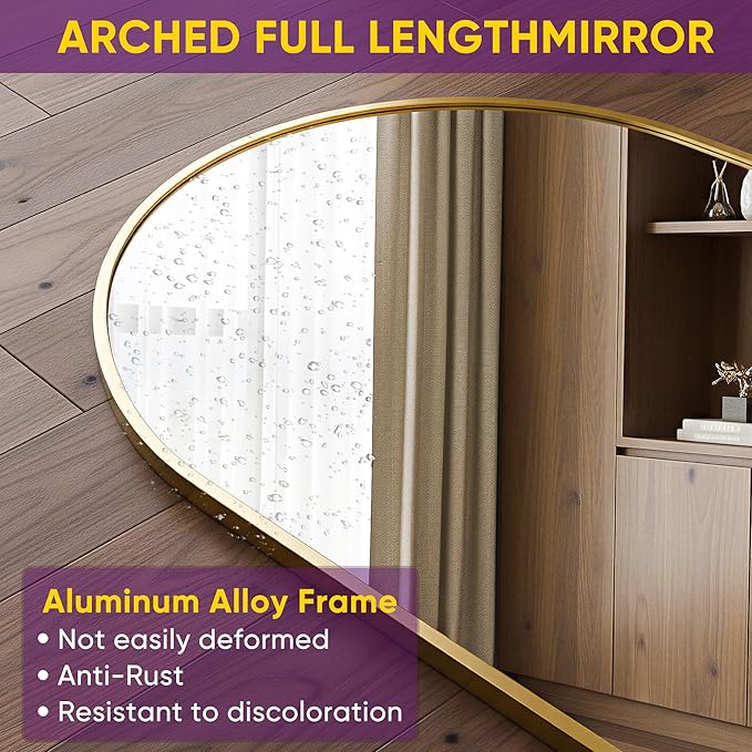 Full Length Mirror, 76"x44" Arched Floor Mirror Freestanding, Floor Standing Full Body Mirror with Stand for Bedroom, Hanging Mounted for Living Room Cloakroom, Gold