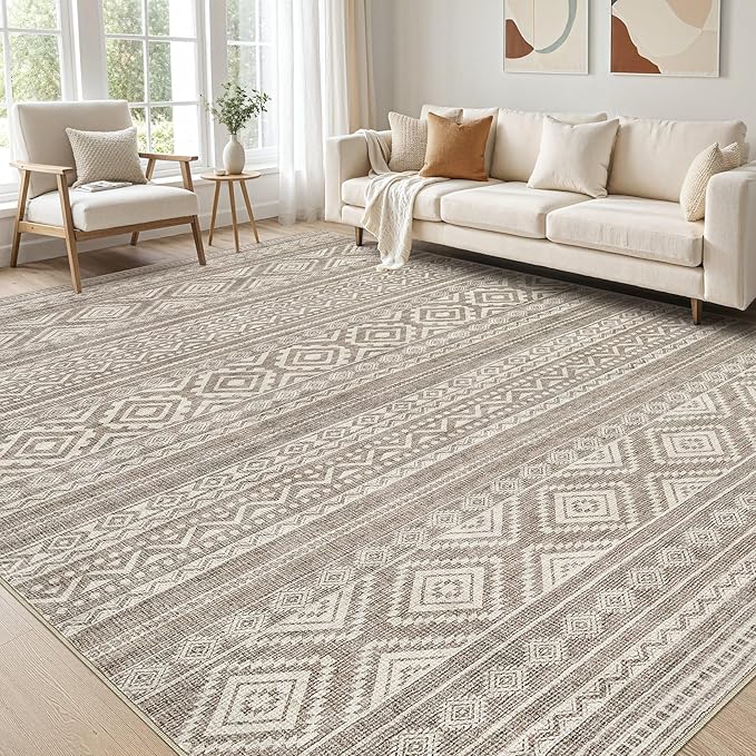 cotiled 9x12 Area Rug Living Room: Washable Boho Rugs with Non Slip Backing Large Soft Indoor Stain Resistant Carpet for Bedroom Farmhouse Dining Room Lightweight Home Decor Coffee Brown