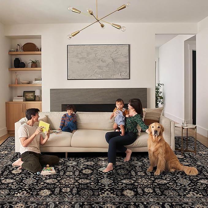Ruaruarug Area Rug Non Slip Machine Washable Ultra Soft Living Room/Bedroom/Kitchen/Outdoor/Classroom Black Gold, 10'×14'
