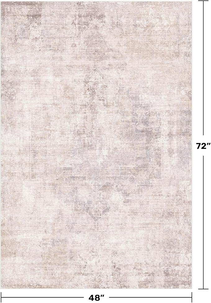 Hazo Haus Washale Modern Bedroom 4x6 Area Rugs - Pink and Grey Rug for Living Room, Kitchen, Non Slip & Soft, Medallion Distressed Print Pattern